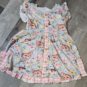 Girls' Light Blue Bunny & Floral Dress